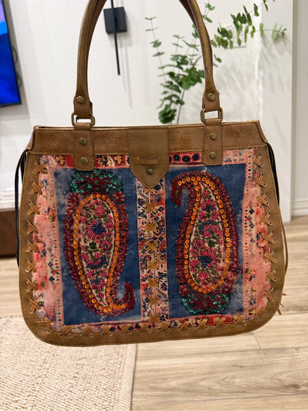 Vintage Y2K For Nine Boho Paisley Beaded Fringe Tote Bag